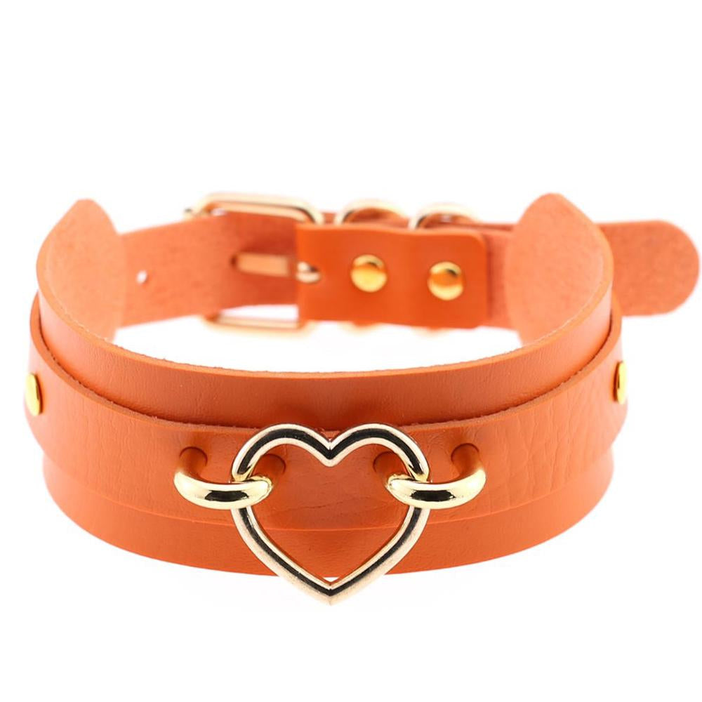 Silver Heart Orange Leather Collar