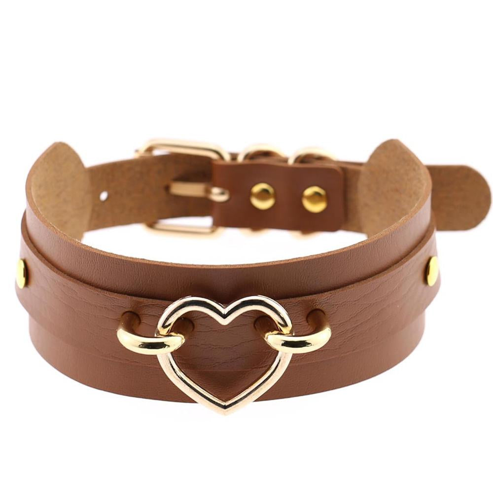 Golden Heart Brown Leather Collar 