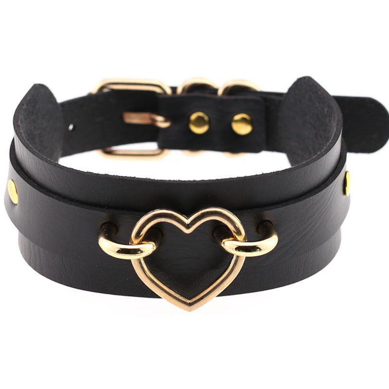 Golden Heart Black Leather Collar 