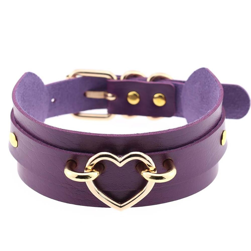 Golden Heart Purple Leather Collar 