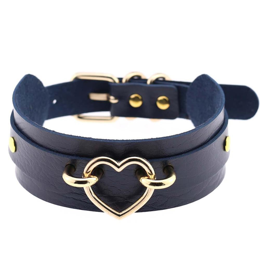 Golden Heart Dark Blue Leather Collar 