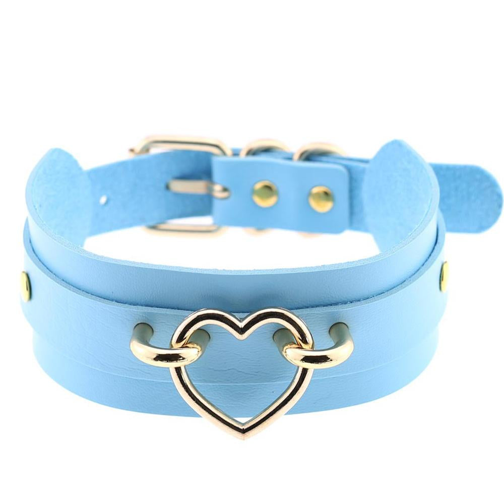 Golden Heart Light Blue Leather Collar 