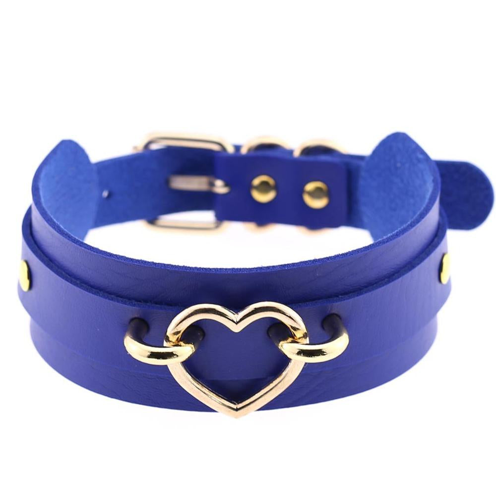 Golden Heart Blue Leather Collar 