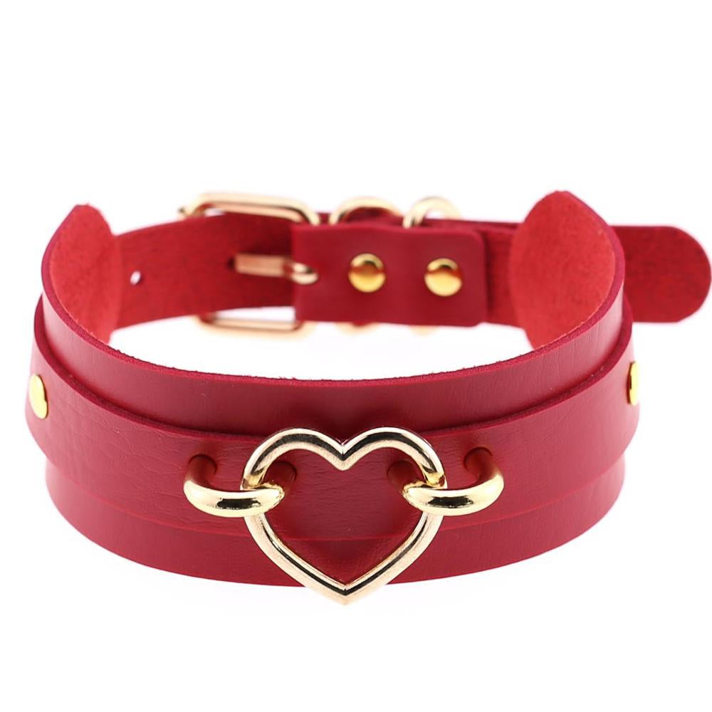 Golden Heart Red Leather Collar 