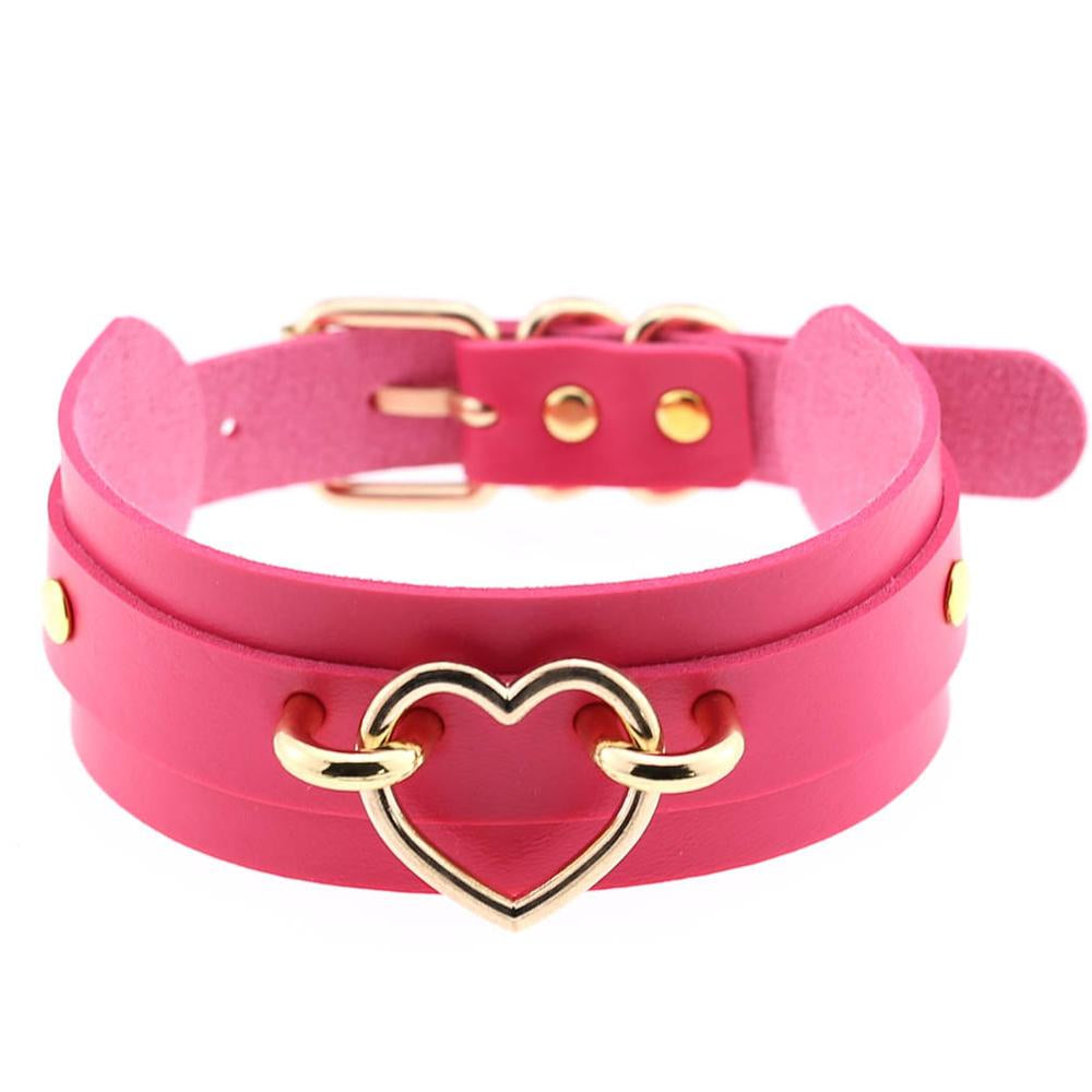 Golden Heart Dark Pink Leather Collar 
