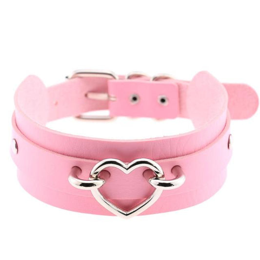 Silver Heart Pink Leather Collar