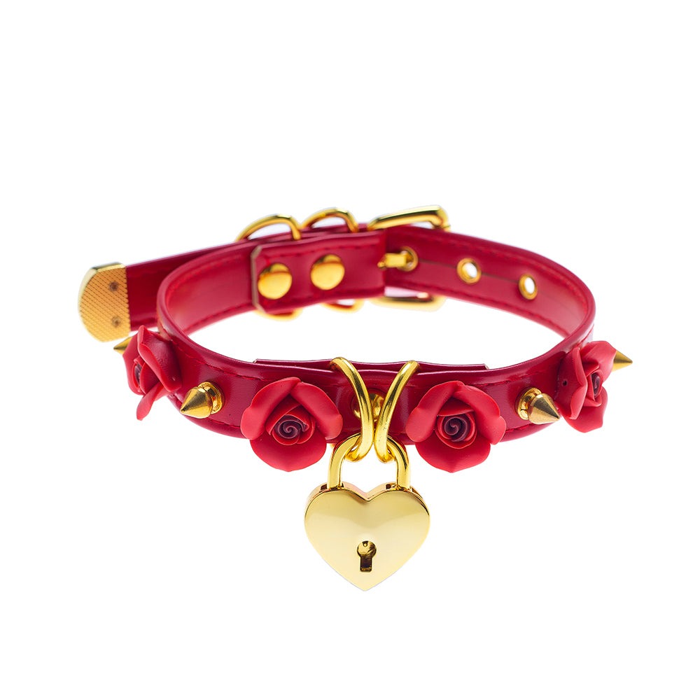 Gold Heart Locket Rose Red Choker