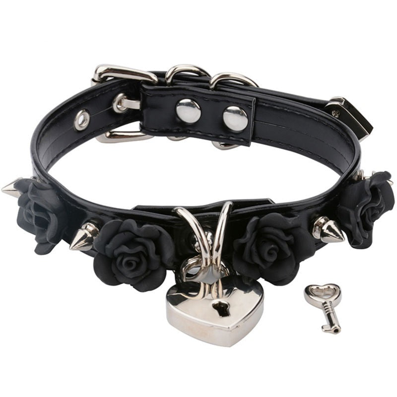 Silver Heart Locket Rose Black Choker