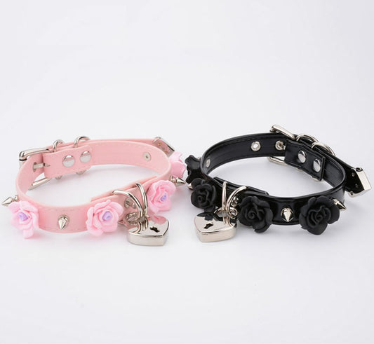 Silver Heart Locket Rose Choker Black And Pink