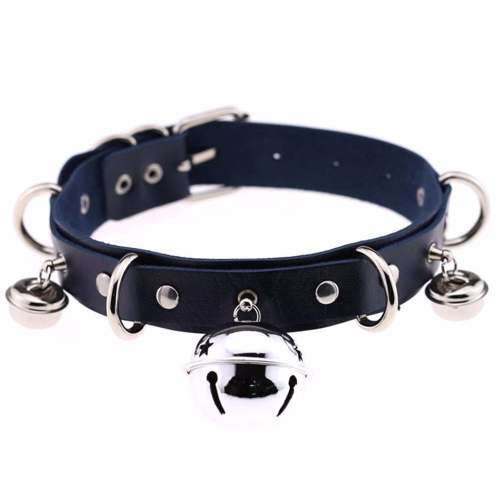 Leather Dark Blue Collar With Bell