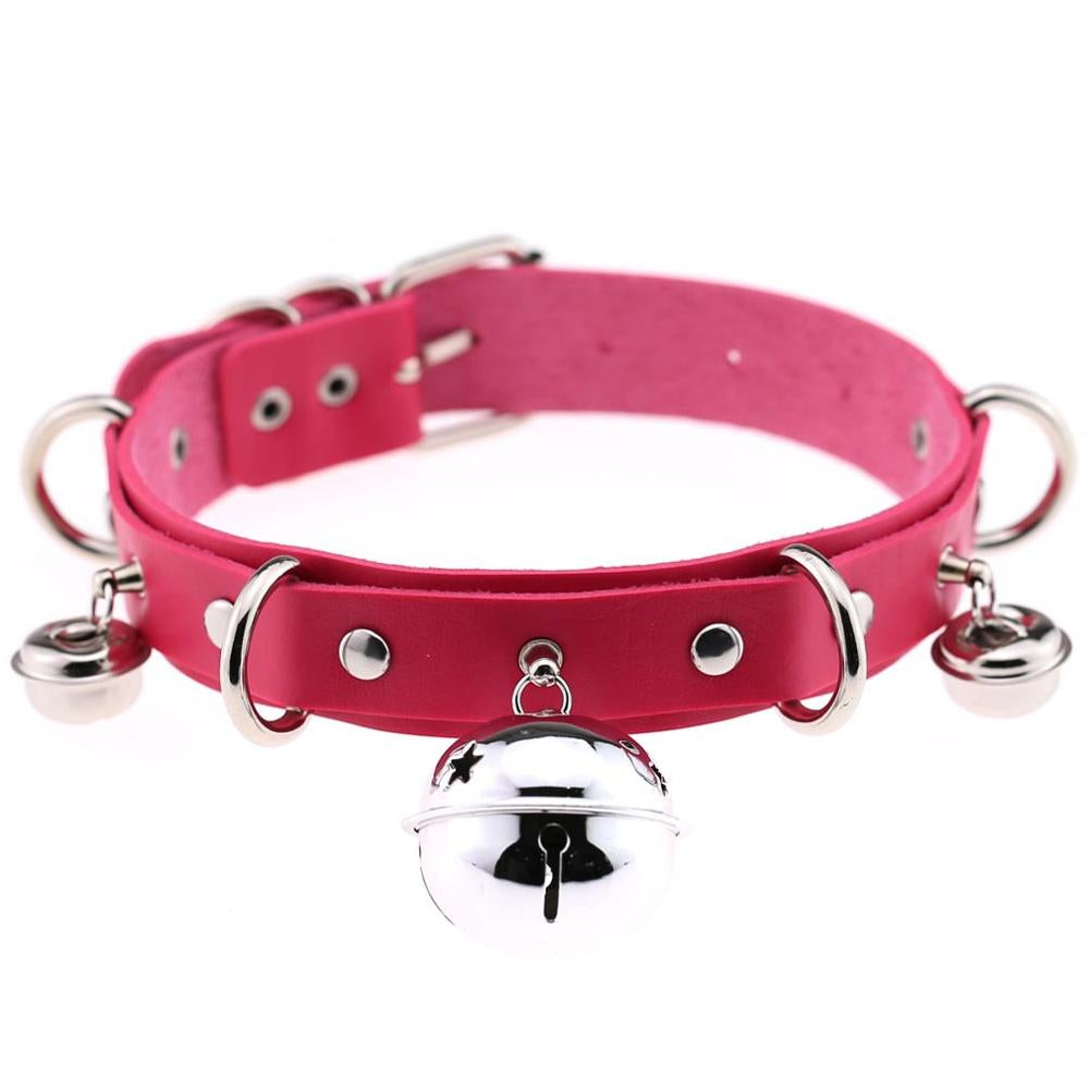 Leather Dark Pink Collar With Bell
