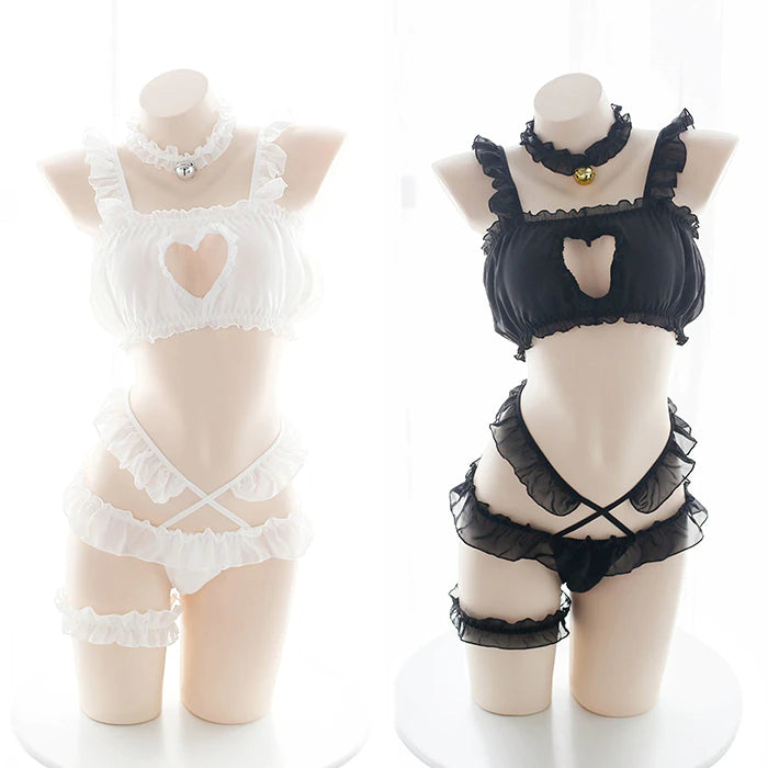 Ruffled Heart Lingerie Black And White