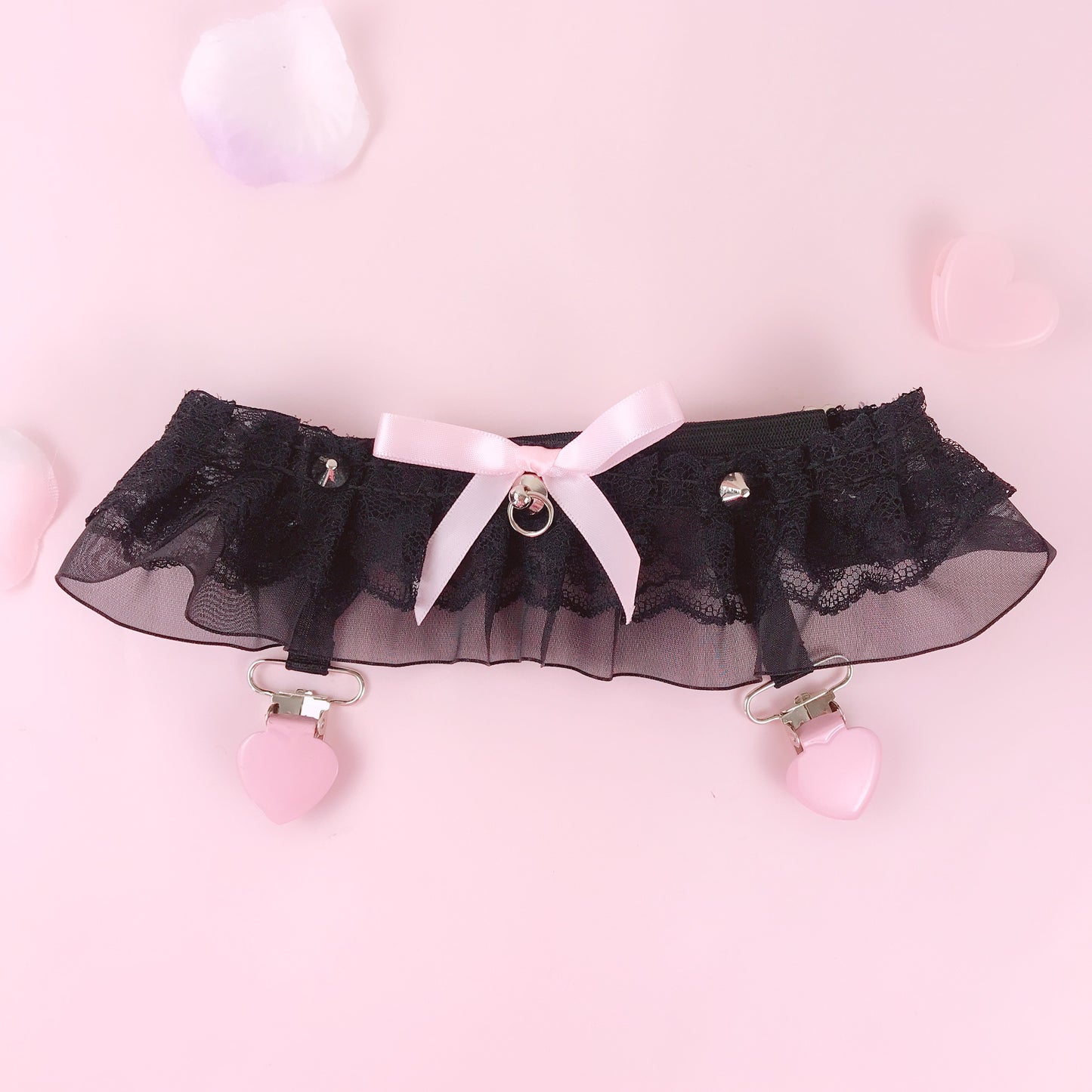 Lace Pink Heart Black Garter Belt 