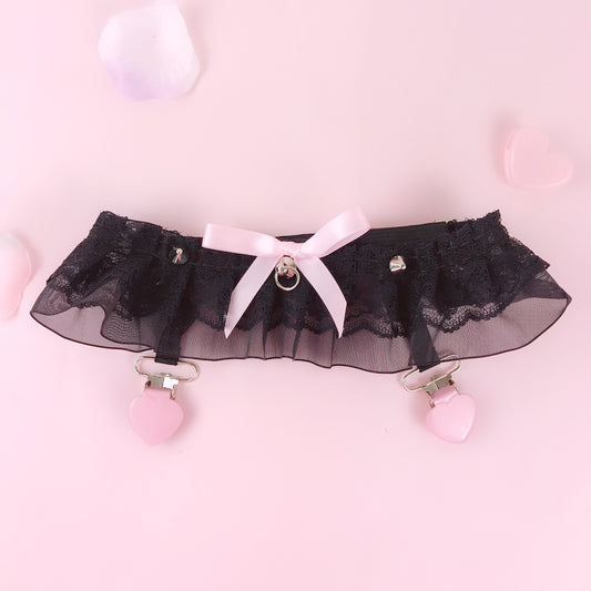 Lace Pink Heart Black Garter Belt