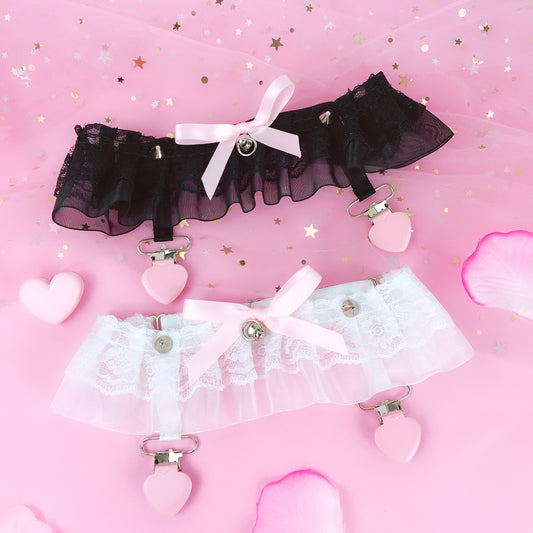 Lace Pink Heart Garter Belt Black & White