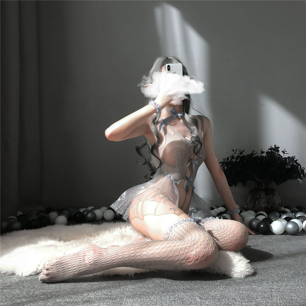 Open Fishnet Bodysuit With Ribbons Pose