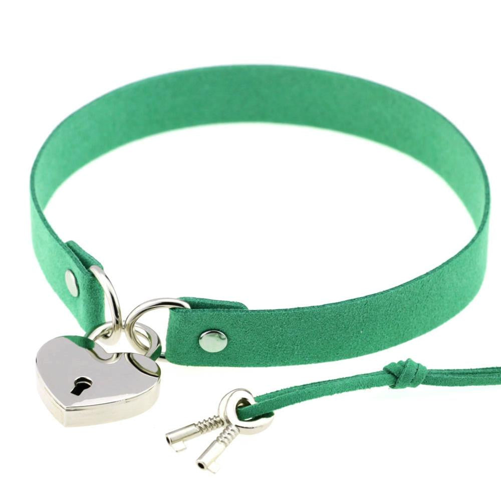 Heart Locket Green Leather Choker With Keys