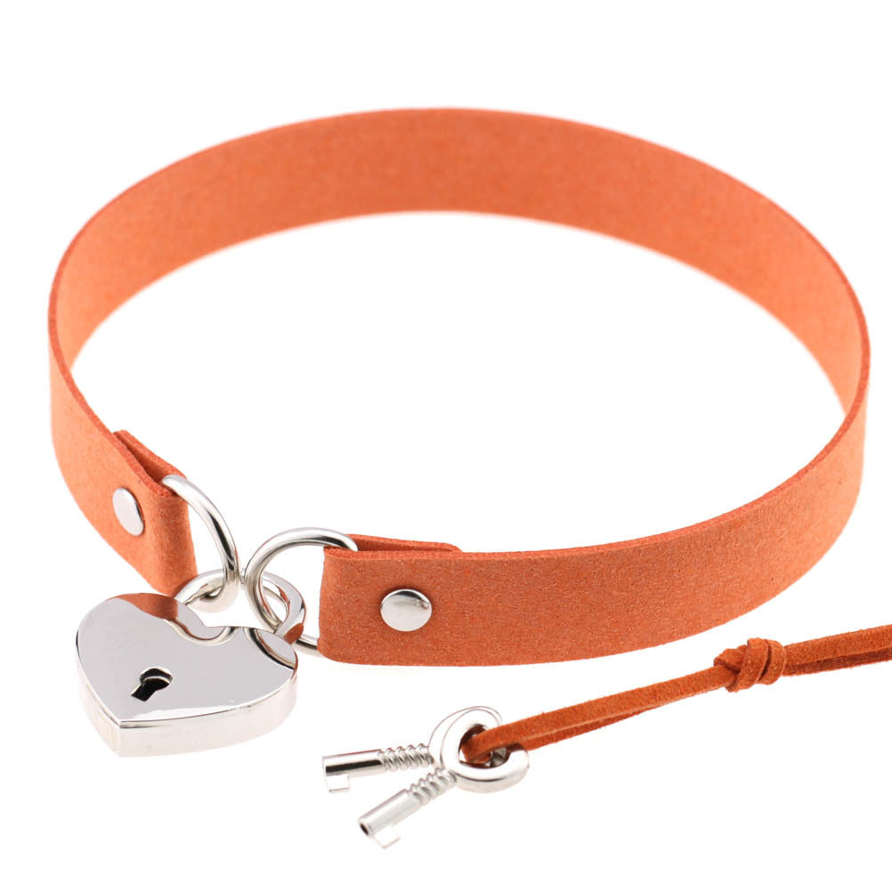 Heart Locket Orange Leather Choker With Keys