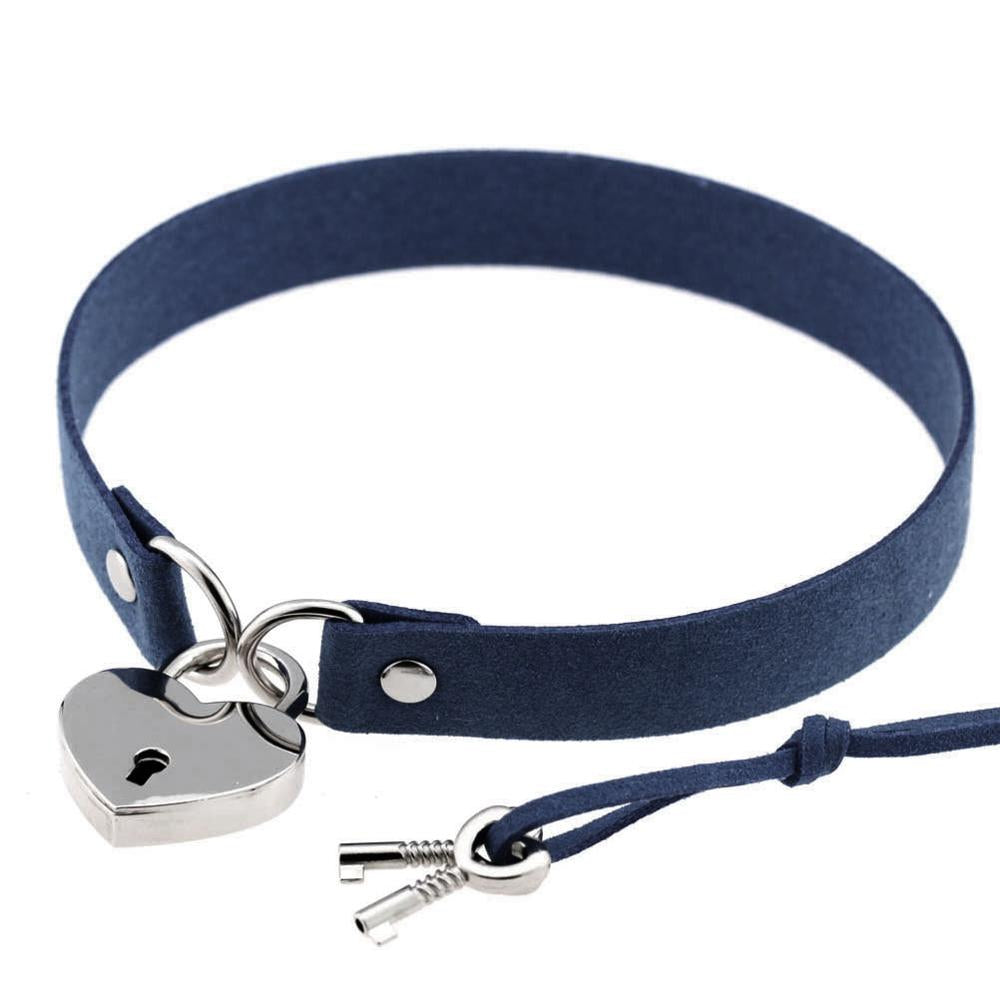 Heart Locket Dark Blue Leather Choker With Keys