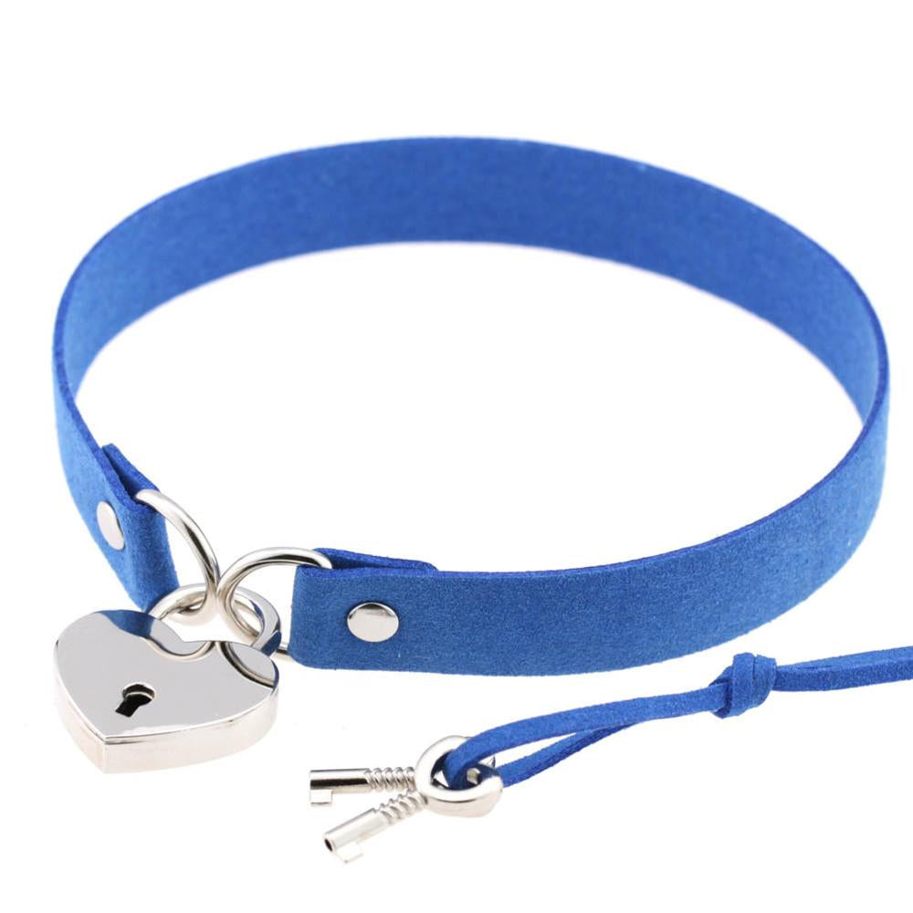 Heart Locket Blue Leather Choker With Keys