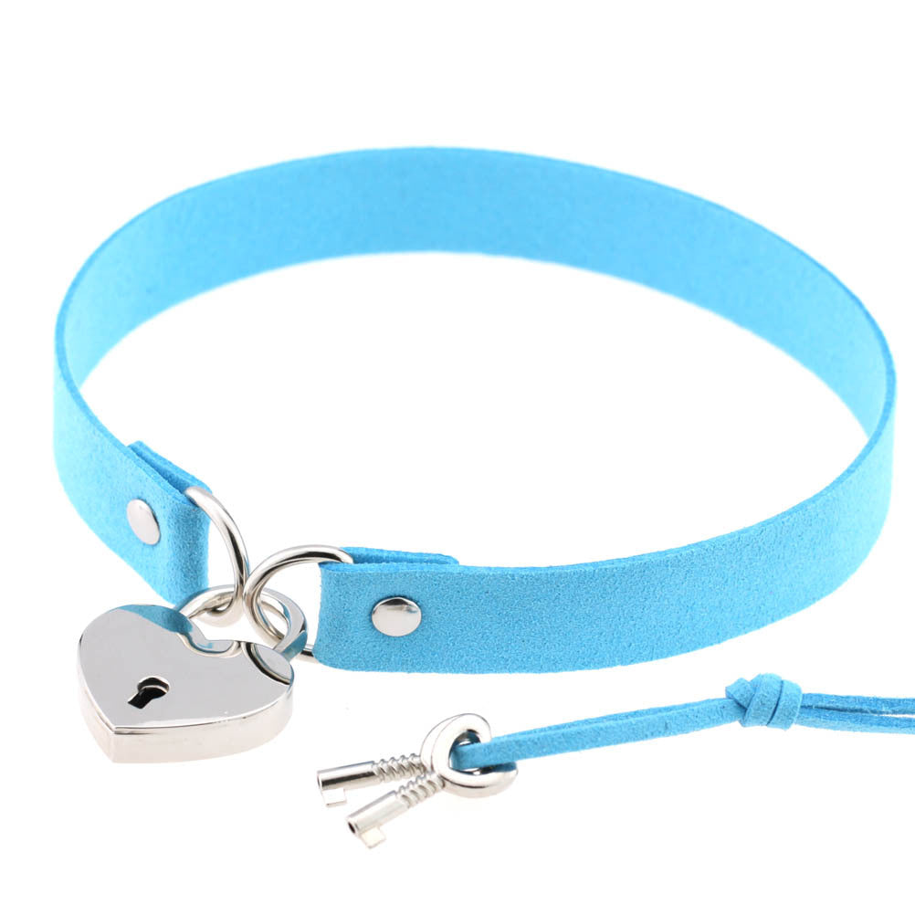 Heart Locket Light Blue Leather Choker With Keys