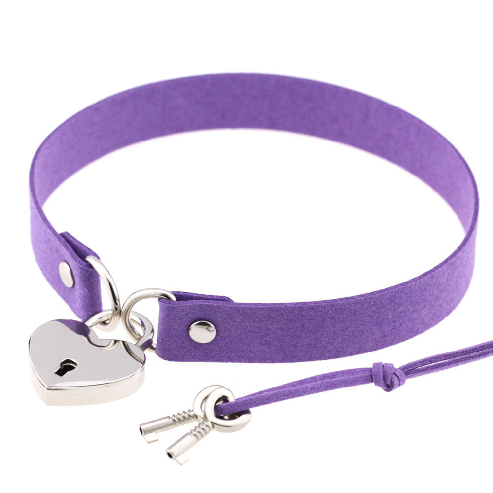 Heart Locket Purple Leather Choker With Keys