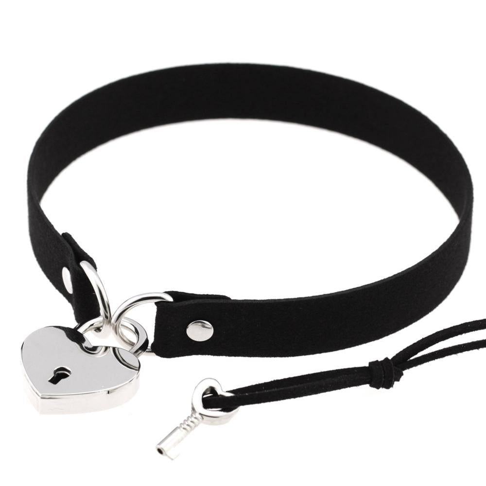 Heart Locket Black Leather Choker With Keys