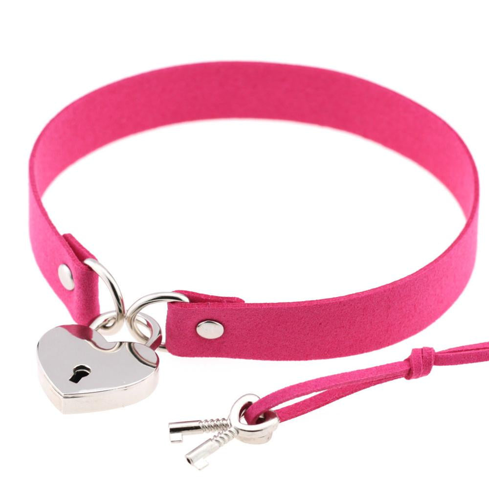 Heart Locket Dark Pink Leather Choker With Keys