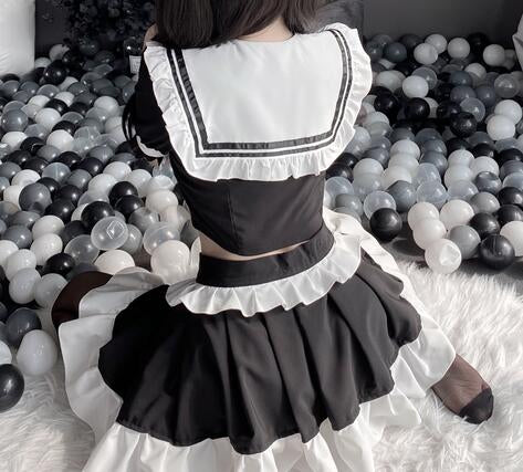 Lolita Maid Ruffled Black And White Dress Back Side