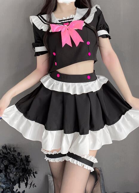 Lolita Maid Ruffled Black And White Dress Close Up