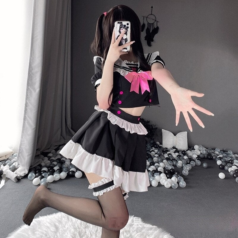 Lolita Maid Ruffled Black And White Dress Arms Spread
