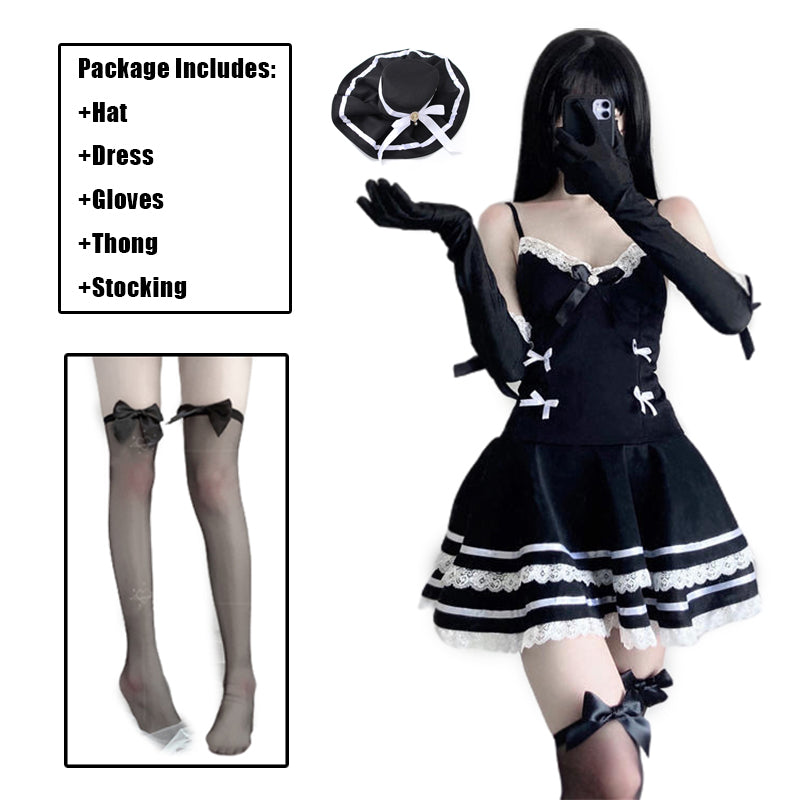 Black and White Lolita Ribbon Dress With Stockings