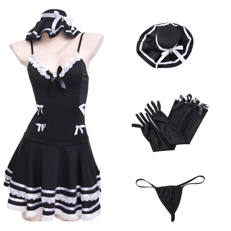 Black and White Lolita Ribbon Dress Details