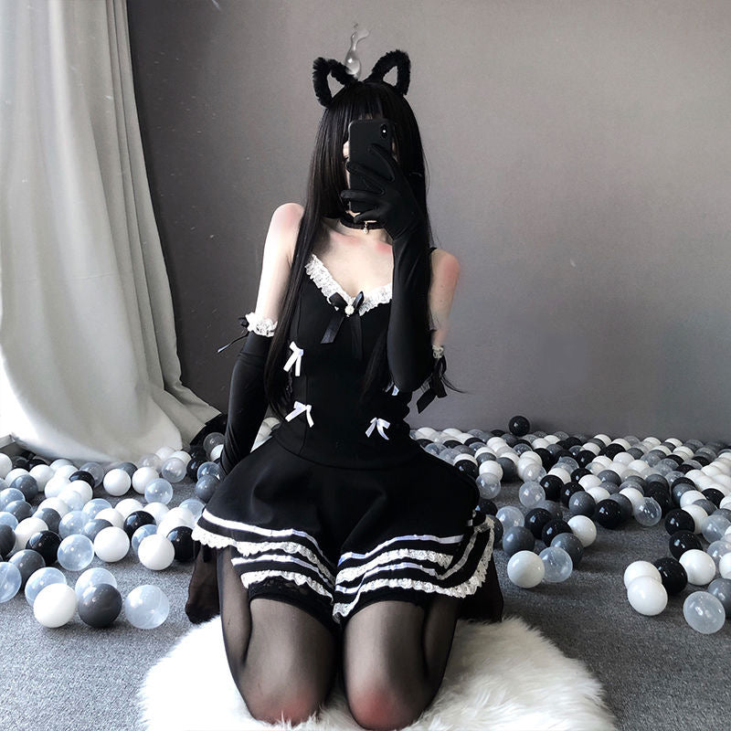 Black and White Lolita Ribbon Dress Front Side