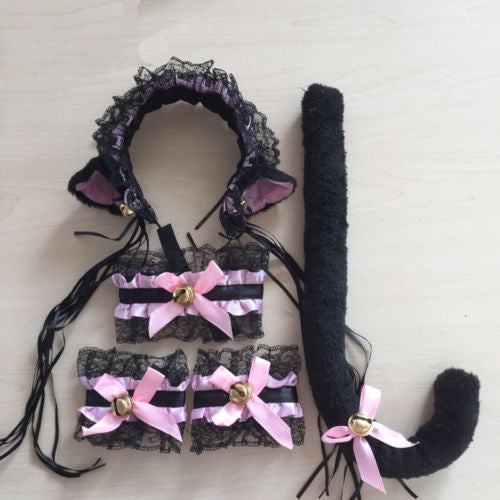 Black And Pink Ruffled Cat Ears Headband, Choker, Cuffs And Tail 