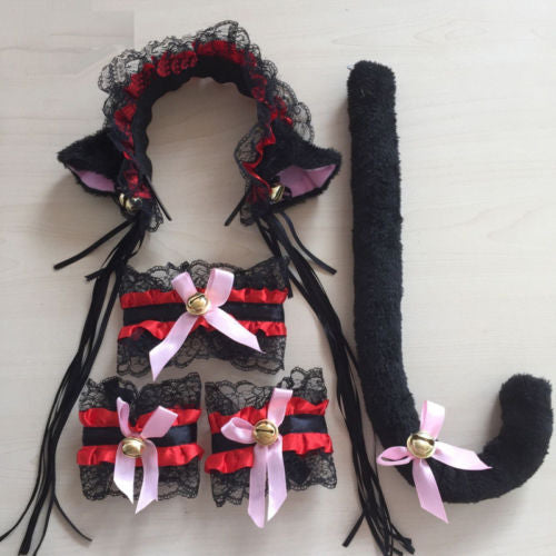 Black and Red Ruffled Cat Ears Headband, Choker, Cuffs And Tail