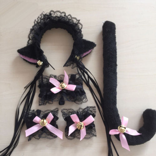 Black Ruffled Cat Ears Headband, Choker, Cuffs And Tail