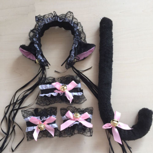 Black and White Ruffled Cat Ears Headband, Choker, Cuffs And Tail