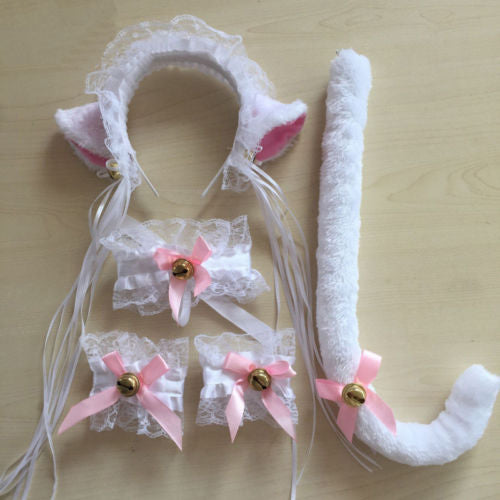 White Ruffled Cat Ears Headband, Choker, Cuffs And Tail