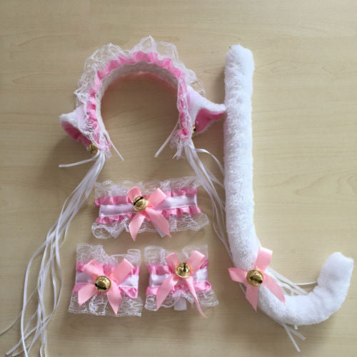 White And Pink Ruffled Cat Ears Headband, Choker, Cuffs And Tail