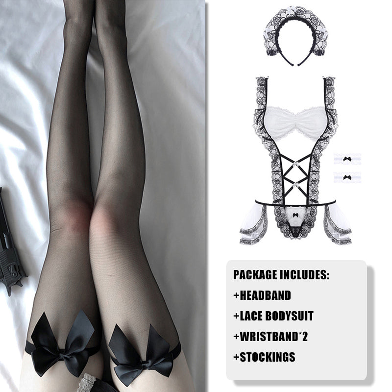 Maid Ruffled Lace White Lingerie With Black Ribbon Stockings