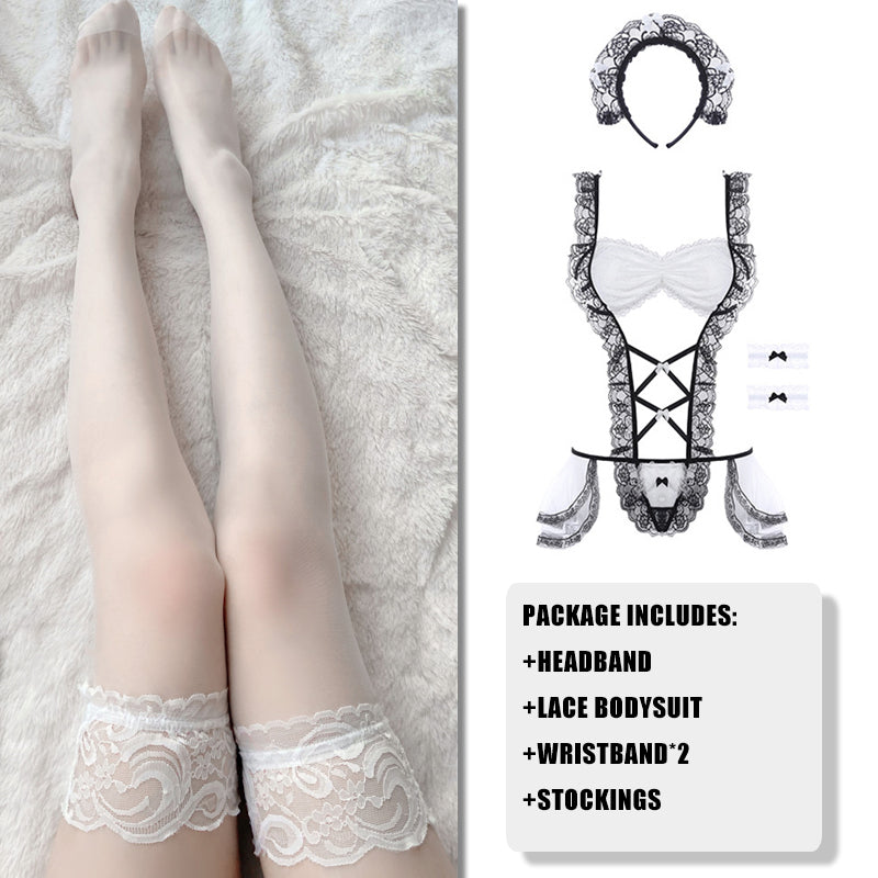 Maid Ruffled Lace White Lingerie With White Lace Stockings