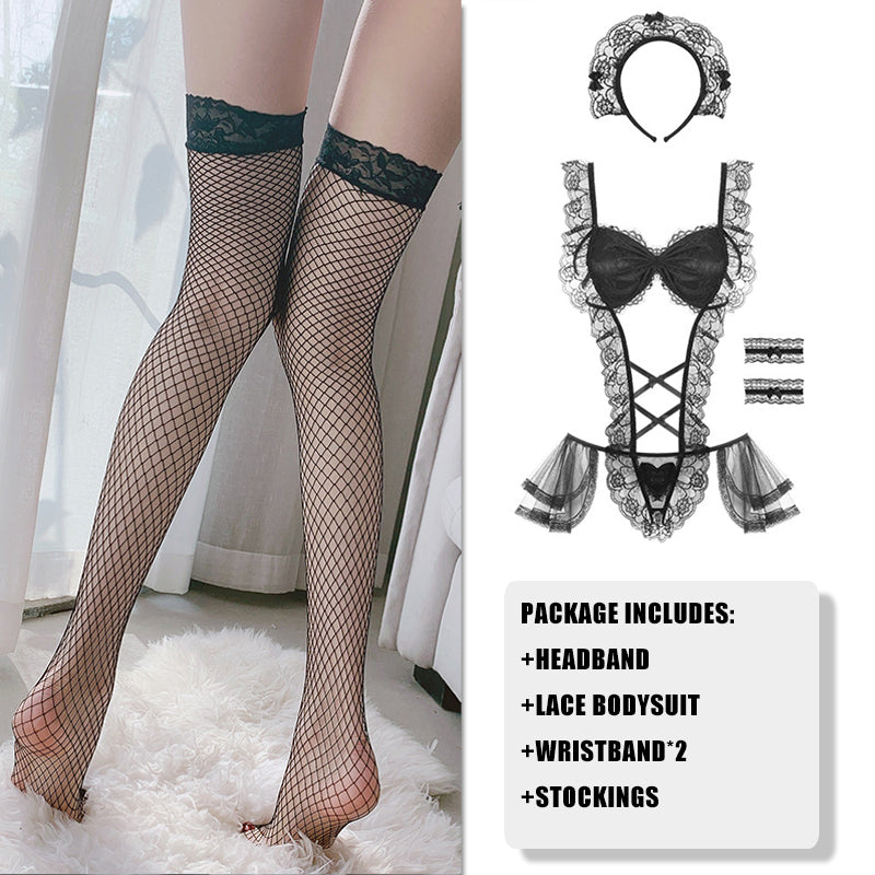 Maid Ruffled Lace Black Lingerie With Black Fishnet Stockings
