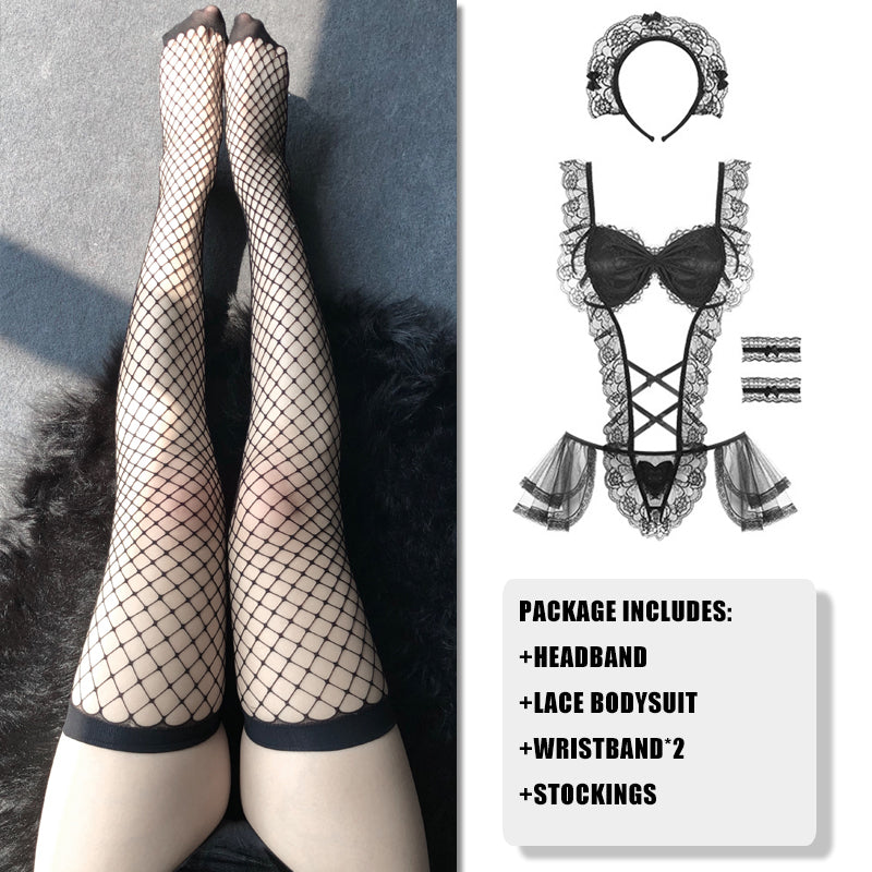 Maid Ruffled Lace Black Lingerie With Fishnet Stockings