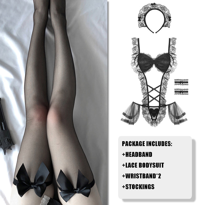 Maid Ruffled Lace Black Lingerie With Ribbon Stockings