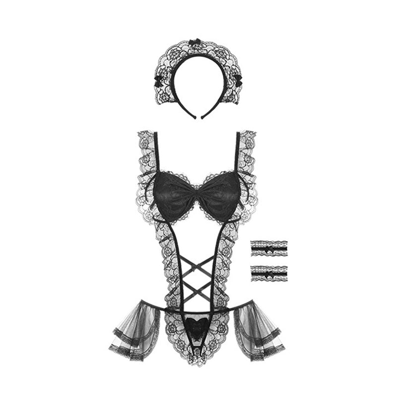 Maid Ruffled Lace Black Lingerie Front Side