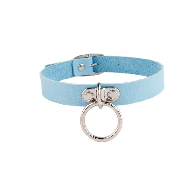 O Ring Leather Blue Choker 
