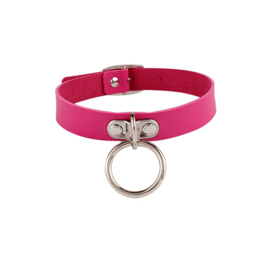 O Ring Leather Dark Pink Choker 
