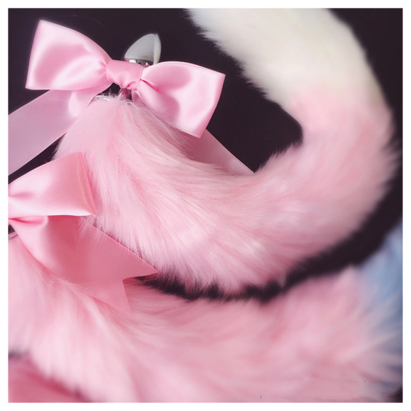 Pink And White And Blue Cat Tail Butt Plug 