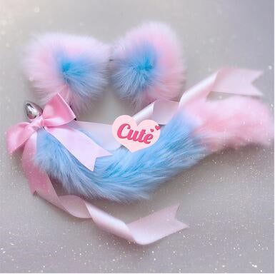 Pink and Blue Cat Ears and Tail Butt Plug 